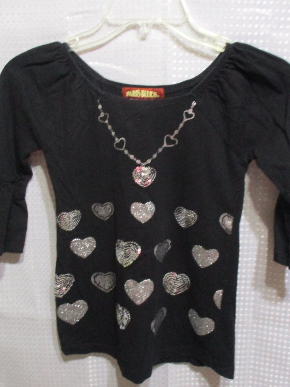 Paris Blues Girl's Black 3/4 Flared Sleeves Top w/Silver Heart Embellishments  S